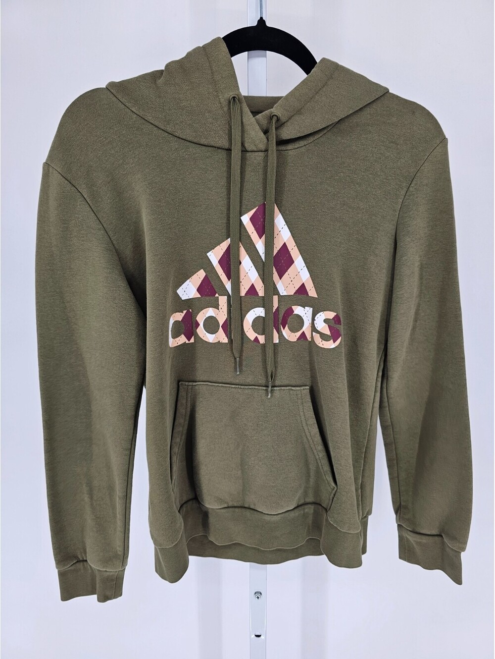 Adidas Womens Sz M Pullover Hoodie Olive Green w/ Pink Argyle Logo